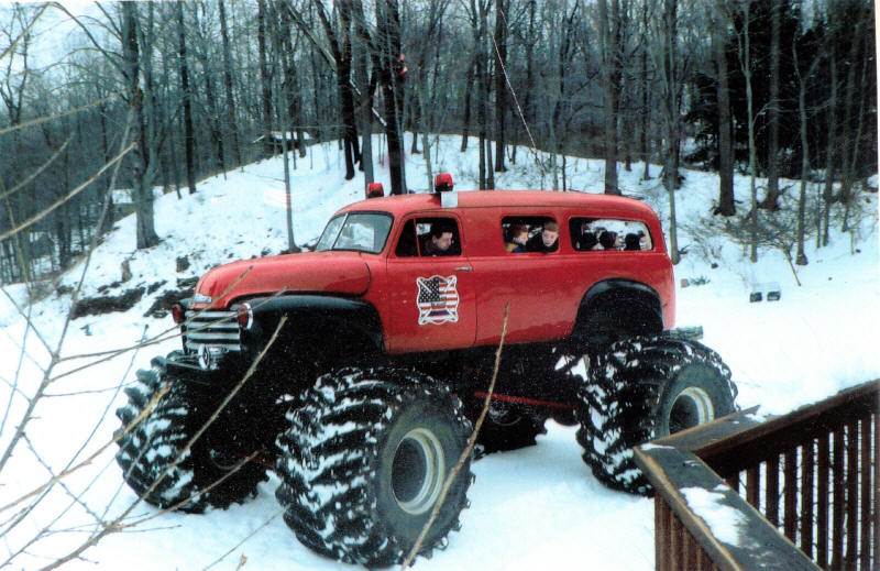 Monster Truck in the snow, beats dragging the car out of the ditch