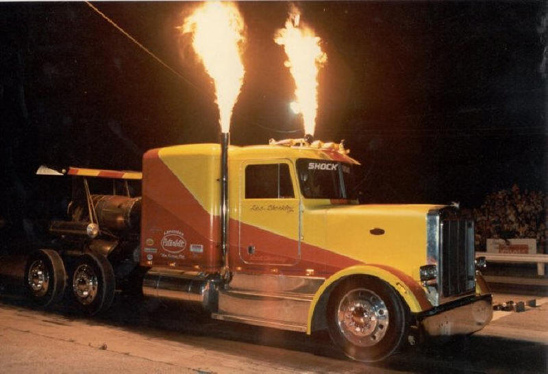 ShockWave Triple Engine Jet Truck torches up exhaust flames to top off the fire show and light up the truck in the darkness of the night 
