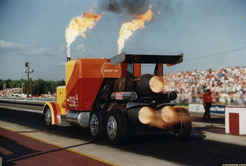 Very quick Peterbilt Jet Truck driven by Kent Shockley performing in front of full stands